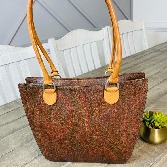 ETRO Paisley Pattern PVC/Leather One-Shoulder Tote Bag Brown/Beige Vintage - Picture 3 of 11
